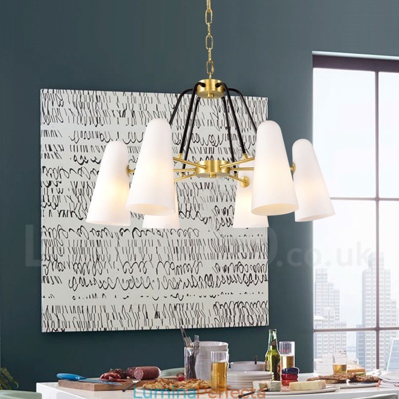 Candelabru cu pandantiv din alamă, retro, rustic, de lux, cu 6 lumini, cu abajur din sticlă
