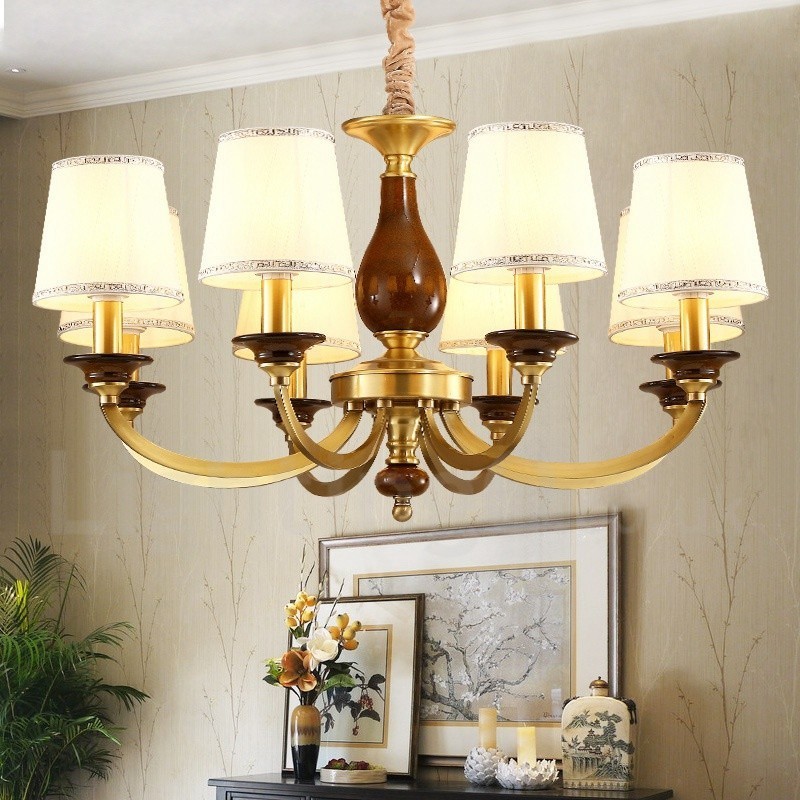 Candelabru cu pandantiv din alamă, retro, rustic, de lux, cu 8 lumini, cu abajur din sticlă