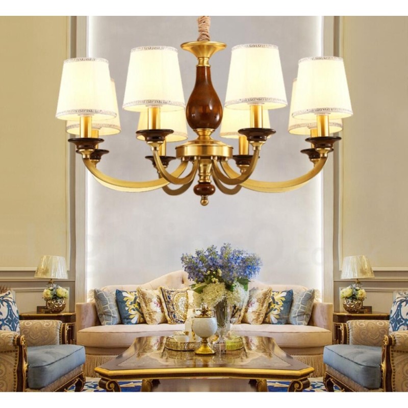 Candelabru cu pandantiv din alamă, retro, rustic, de lux, cu 8 lumini, cu abajur din sticlă