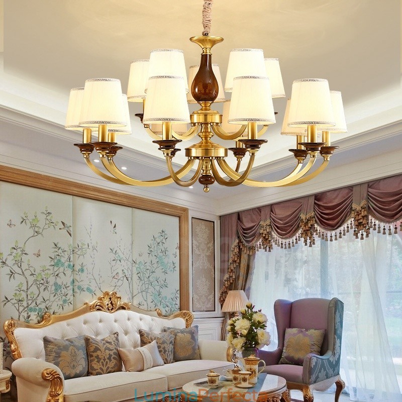 Candelabru cu suspendare din alamă, retro, rustic, de lux, cu 15 lumini, cu abajur din sticlă