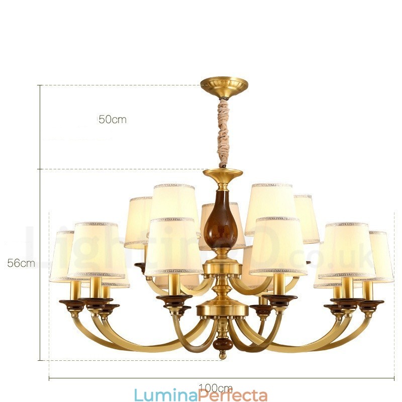 Candelabru cu suspendare din alamă, retro, rustic, de lux, cu 15 lumini, cu abajur din sticlă