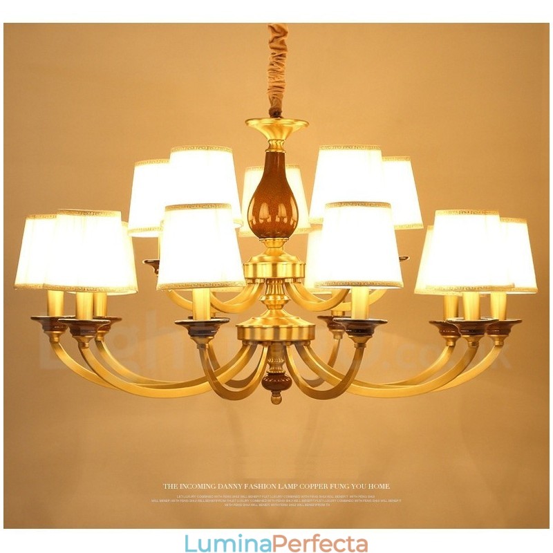 Candelabru cu suspendare din alamă, retro, rustic, de lux, cu 15 lumini, cu abajur din sticlă