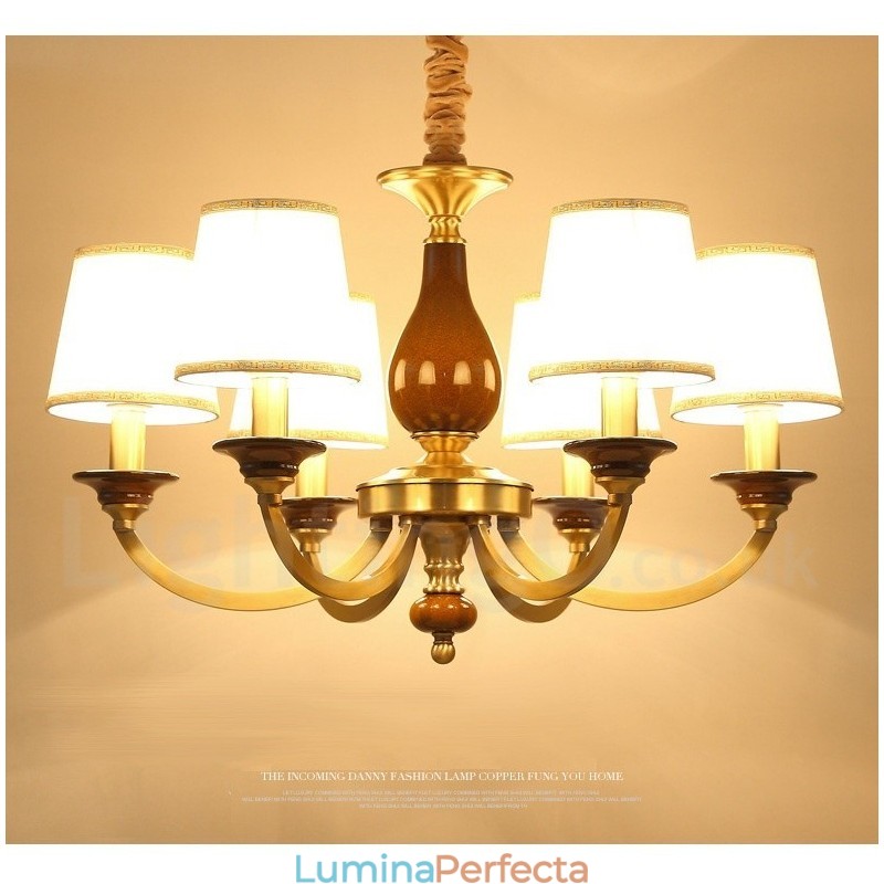 Candelabru cu pandantiv din alamă, retro, rustic, de lux, cu 6 lumini, cu abajur din sticlă