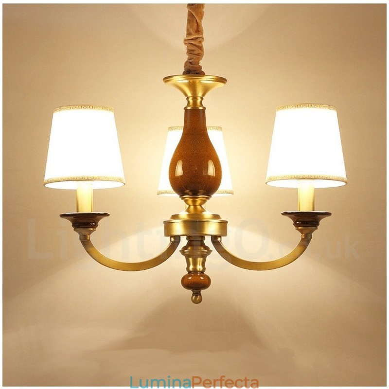 Candelabru cu suspendare din alamă, retro, rustic, de lux, cu 3 lumini, cu abajur din sticlă