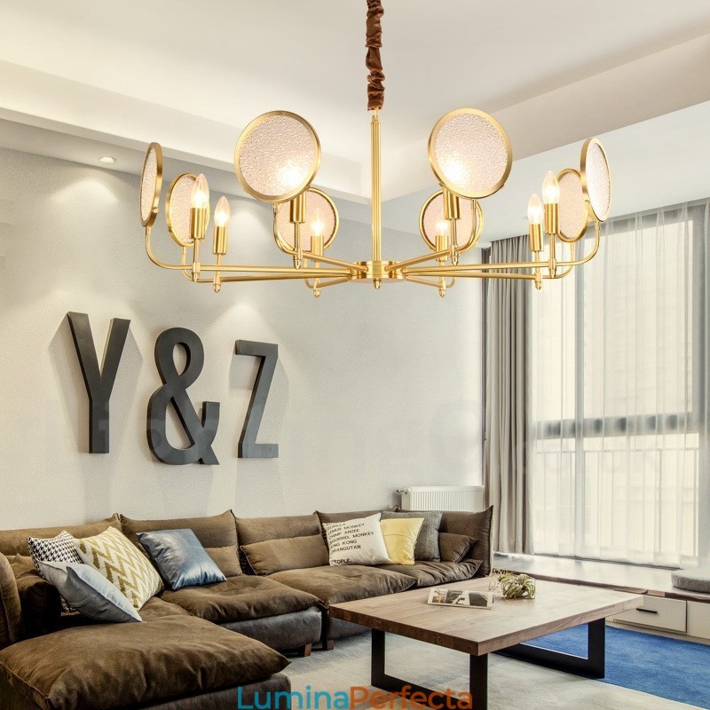 Candelabru cu pandantiv din alamă, retro, rustic, de lux, cu 8 lumini, cu abajur din sticlă