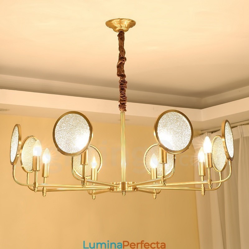 Candelabru cu pandantiv din alamă, retro, rustic, de lux, cu 8 lumini, cu abajur din sticlă