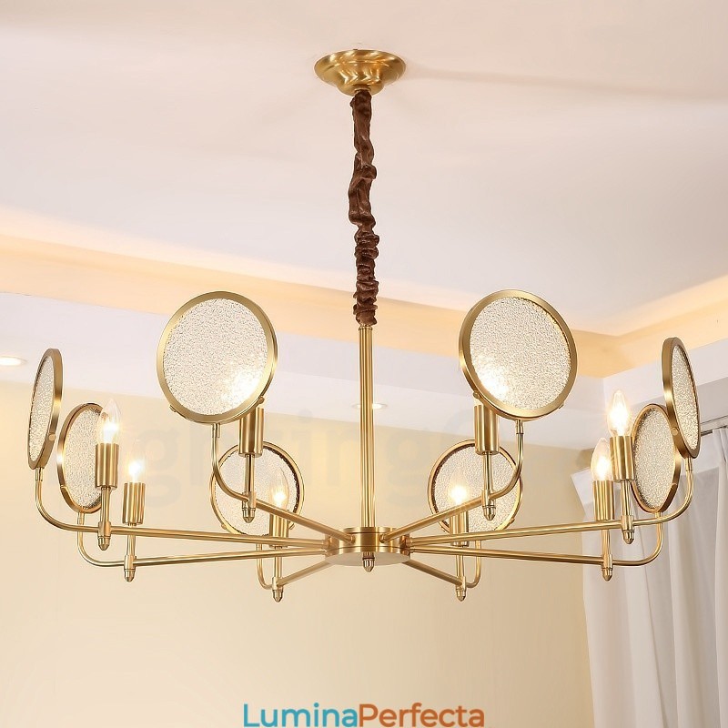 Candelabru cu pandantiv din alamă, retro, rustic, de lux, cu 8 lumini, cu abajur din sticlă