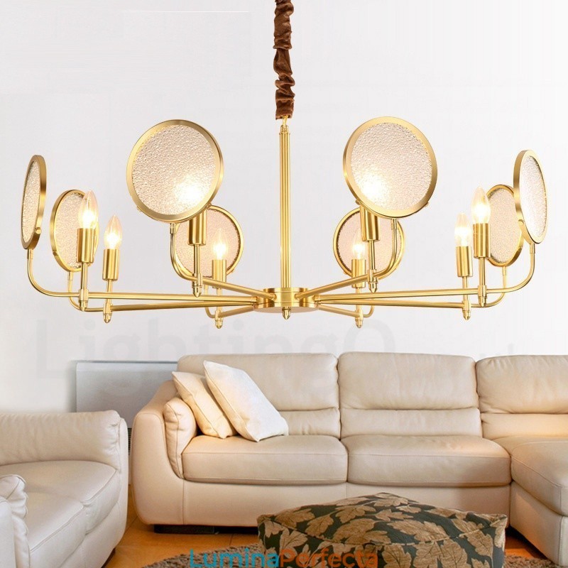Candelabru cu pandantiv din alamă, retro, rustic, de lux, cu 8 lumini, cu abajur din sticlă