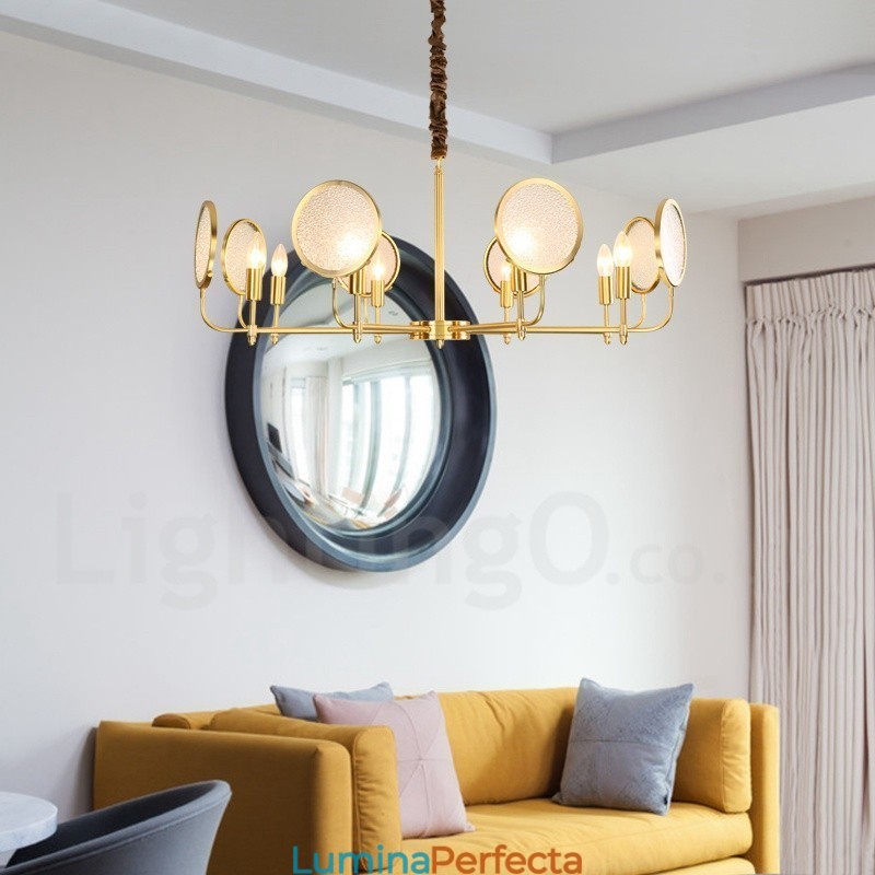 Candelabru cu pandantiv din alamă, retro, rustic, de lux, cu 8 lumini, cu abajur din sticlă