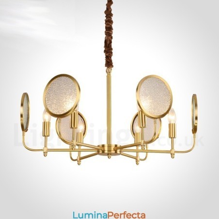 Candelabru cu pandantiv din alamă, retro, rustic, de lux, cu 6 lumini, cu abajur din sticlă