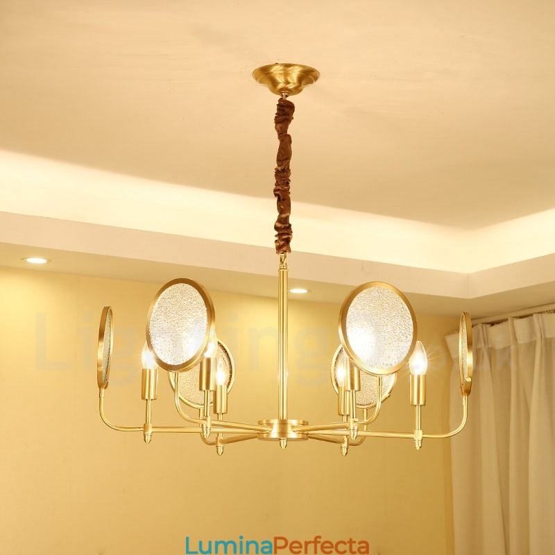 Candelabru cu pandantiv din alamă, retro, rustic, de lux, cu 6 lumini, cu abajur din sticlă