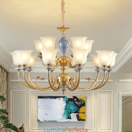 Candelabru cu suspendare din alamă, retro, rustic, de lux, cu 15 lumini, cu abajur din sticlă Candelabru cu suspendare din alamă, retro, rustic, de lux, cu 15 lumini, cu abajur din sticlă