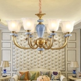 Candelabru cu pandantiv din alamă, retro, rustic, de lux, cu 8 lumini, cu abajur din sticlă