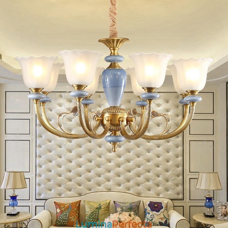 Candelabru cu pandantiv din alamă, retro, rustic, de lux, cu 8 lumini, cu abajur din sticlă