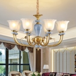 Candelabru cu pandantiv din alamă, retro, rustic, de lux, cu 8 lumini, cu abajur din sticlă