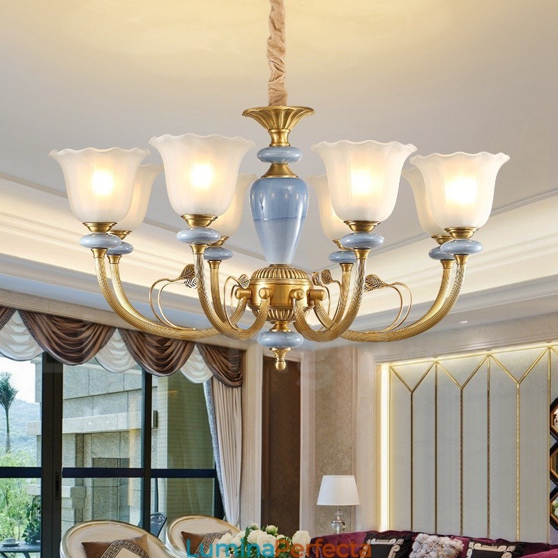 Candelabru cu pandantiv din alamă, retro, rustic, de lux, cu 8 lumini, cu abajur din sticlă