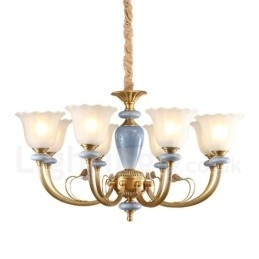 Candelabru cu pandantiv din alamă, retro, rustic, de lux, cu 8 lumini, cu abajur din sticlă