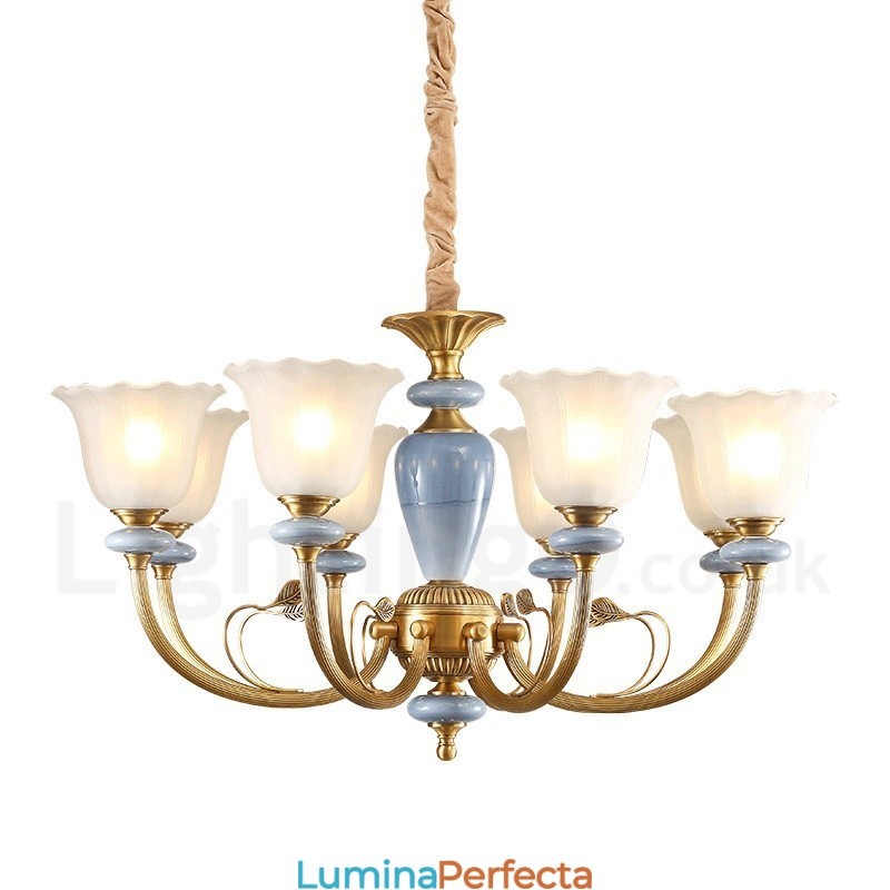 Candelabru cu pandantiv din alamă, retro, rustic, de lux, cu 8 lumini, cu abajur din sticlă