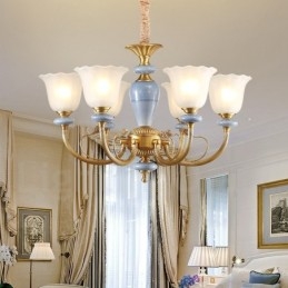 Candelabru cu pandantiv din alamă, retro, rustic, de lux, cu 6 lumini, cu abajur din sticlă