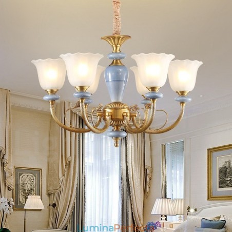 Candelabru cu pandantiv din alamă, retro, rustic, de lux, cu 6 lumini, cu abajur din sticlă Candelabru cu pandantiv din alamă, retro, rustic, de lux, cu 6 lumini, cu abajur din sticlă