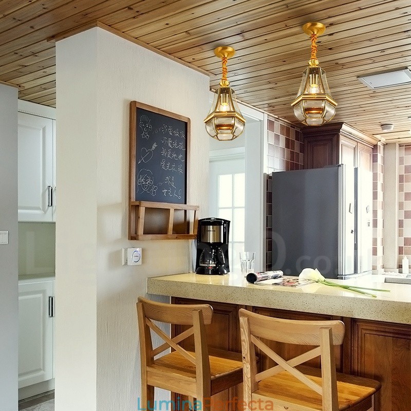 Candelabru cu pandantiv din alamă, retro, rustic, de lux, cu 1 lumină, cu abajur din sticlă
