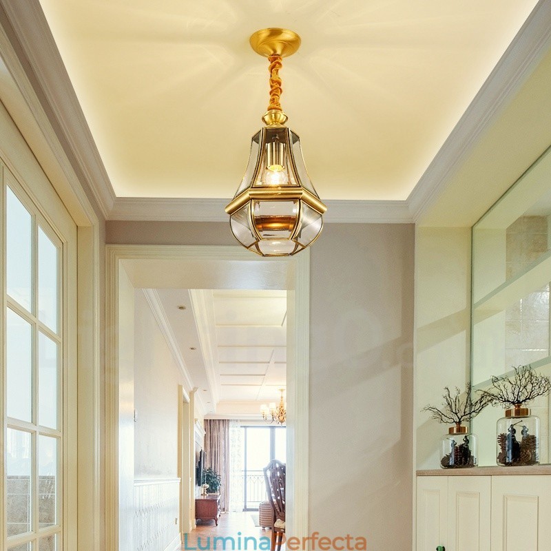 Candelabru cu pandantiv din alamă, retro, rustic, de lux, cu 1 lumină, cu abajur din sticlă