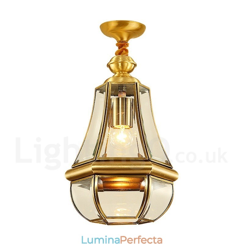 Candelabru cu pandantiv din alamă, retro, rustic, de lux, cu 1 lumină, cu abajur din sticlă