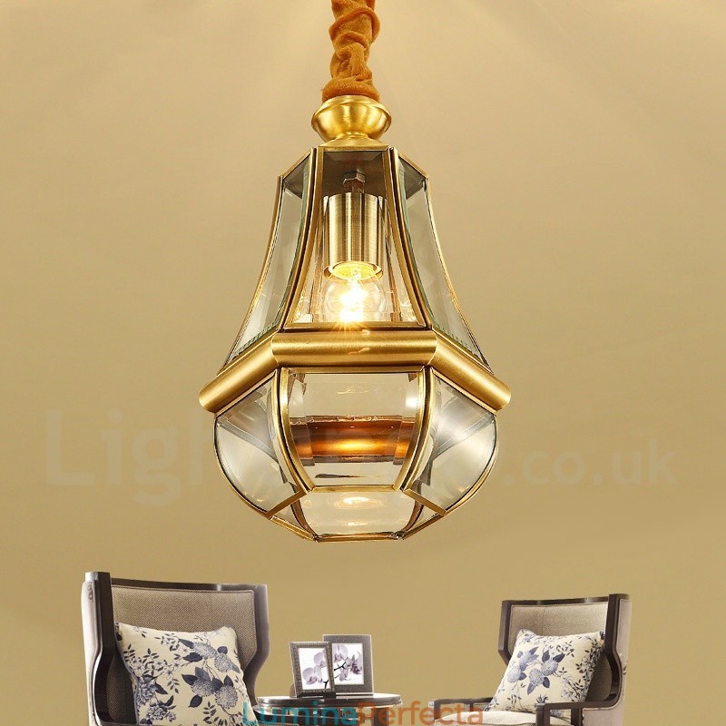 Candelabru cu pandantiv din alamă, retro, rustic, de lux, cu 1 lumină, cu abajur din sticlă