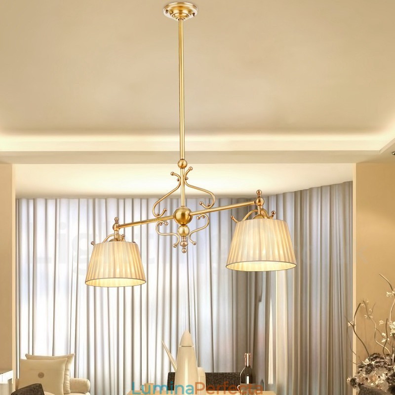 Candelabru cu pandantiv din alamă, retro, rustic, de lux, cu 2 lumini, cu abajur din material textil