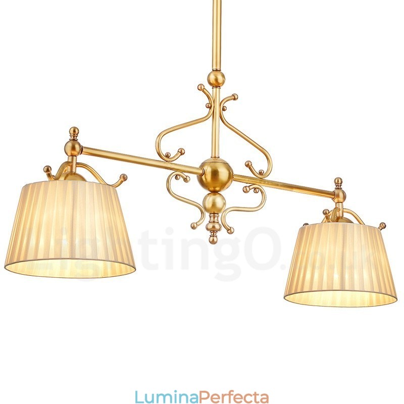 Candelabru cu pandantiv din alamă, retro, rustic, de lux, cu 2 lumini, cu abajur din material textil