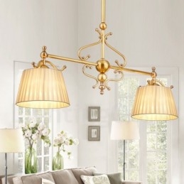 Candelabru cu pandantiv din alamă, retro, rustic, de lux, cu 2 lumini, cu abajur din material textil