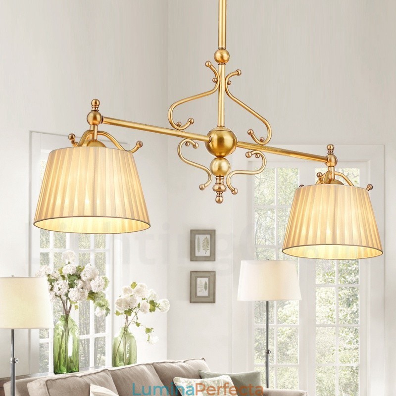 Candelabru cu pandantiv din alamă, retro, rustic, de lux, cu 2 lumini, cu abajur din material textil