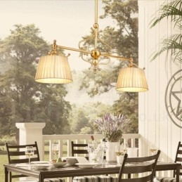 Candelabru cu pandantiv din alamă, retro, rustic, de lux, cu 2 lumini, cu abajur din material textil