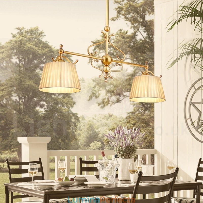 Candelabru cu pandantiv din alamă, retro, rustic, de lux, cu 2 lumini, cu abajur din material textil