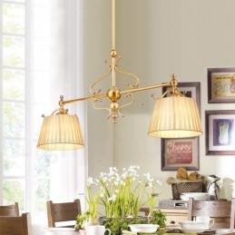 Candelabru cu pandantiv din alamă, retro, rustic, de lux, cu 2 lumini, cu abajur din material textil