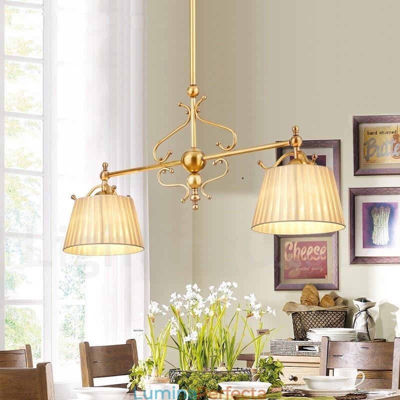 Candelabru cu pandantiv din alamă, retro, rustic, de lux, cu 2 lumini, cu abajur din material textil