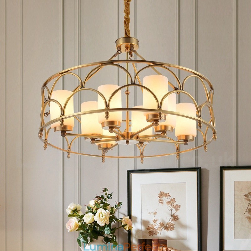 Candelabru cu pandantiv din alamă, retro, rustic, de lux, cu 8 lumini, cu abajur din sticlă