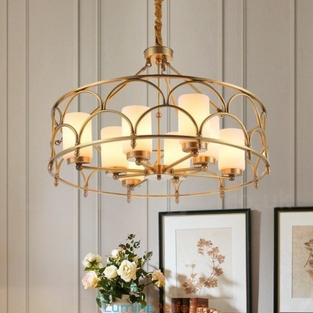Candelabru cu pandantiv din alamă, retro, rustic, de lux, cu 8 lumini, cu abajur din sticlă Candelabru cu pandantiv din alamă, retro, rustic, de lux, cu 8 lumini, cu abajur din sticlă