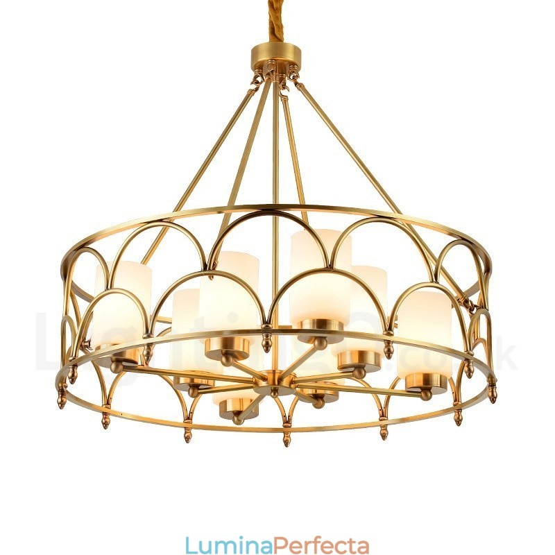 Candelabru cu pandantiv din alamă, retro, rustic, de lux, cu 8 lumini, cu abajur din sticlă