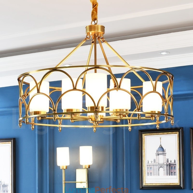 Candelabru cu pandantiv din alamă, retro, rustic, de lux, cu 8 lumini, cu abajur din sticlă