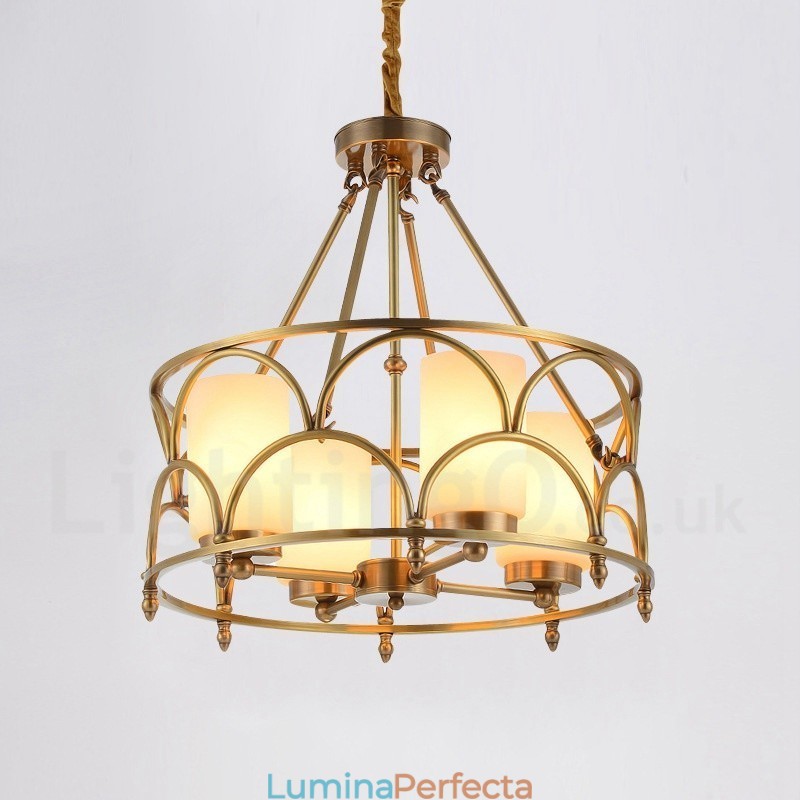 Candelabru cu pandantiv din alamă, retro, rustic, de lux, cu 4 lumini, cu abajur din sticlă