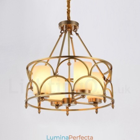 Candelabru cu pandantiv din alamă, retro, rustic, de lux, cu 4 lumini, cu abajur din sticlă Candelabru cu pandantiv din alamă, retro, rustic, de lux, cu 4 lumini, cu abajur din sticlă