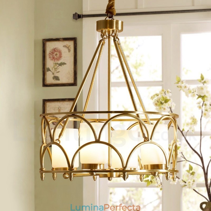 Candelabru cu pandantiv din alamă, retro, rustic, de lux, cu 4 lumini, cu abajur din sticlă