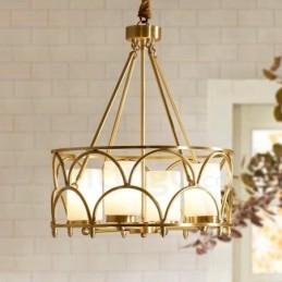 Candelabru cu pandantiv din alamă, retro, rustic, de lux, cu 4 lumini, cu abajur din sticlă