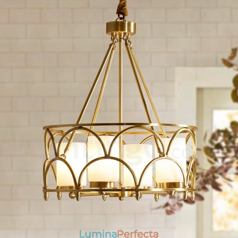Candelabru cu pandantiv din alamă, retro, rustic, de lux, cu 4 lumini, cu abajur din sticlă