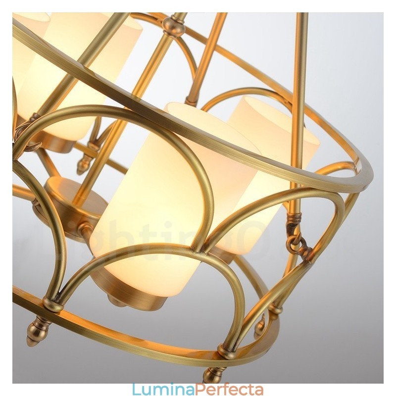 Candelabru cu pandantiv din alamă, retro, rustic, de lux, cu 4 lumini, cu abajur din sticlă