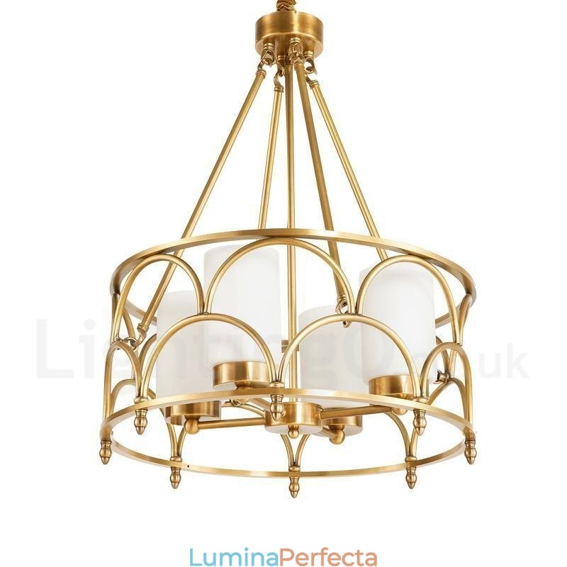 Candelabru cu pandantiv din alamă, retro, rustic, de lux, cu 4 lumini, cu abajur din sticlă
