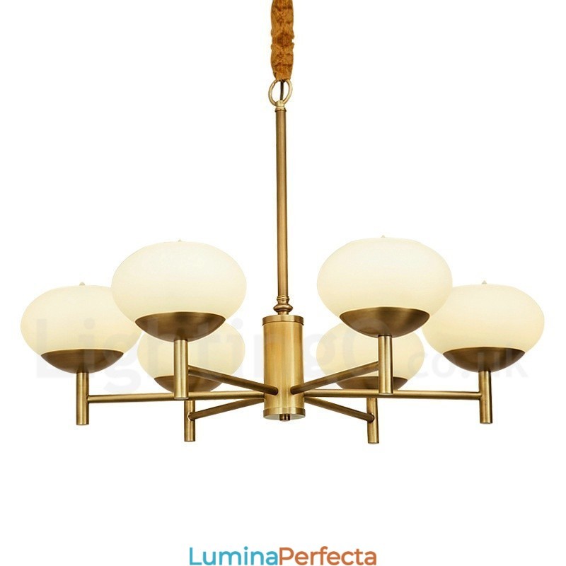 Candelabru cu pandantiv din alamă, retro, rustic, de lux, cu 6 lumini, cu abajur din sticlă