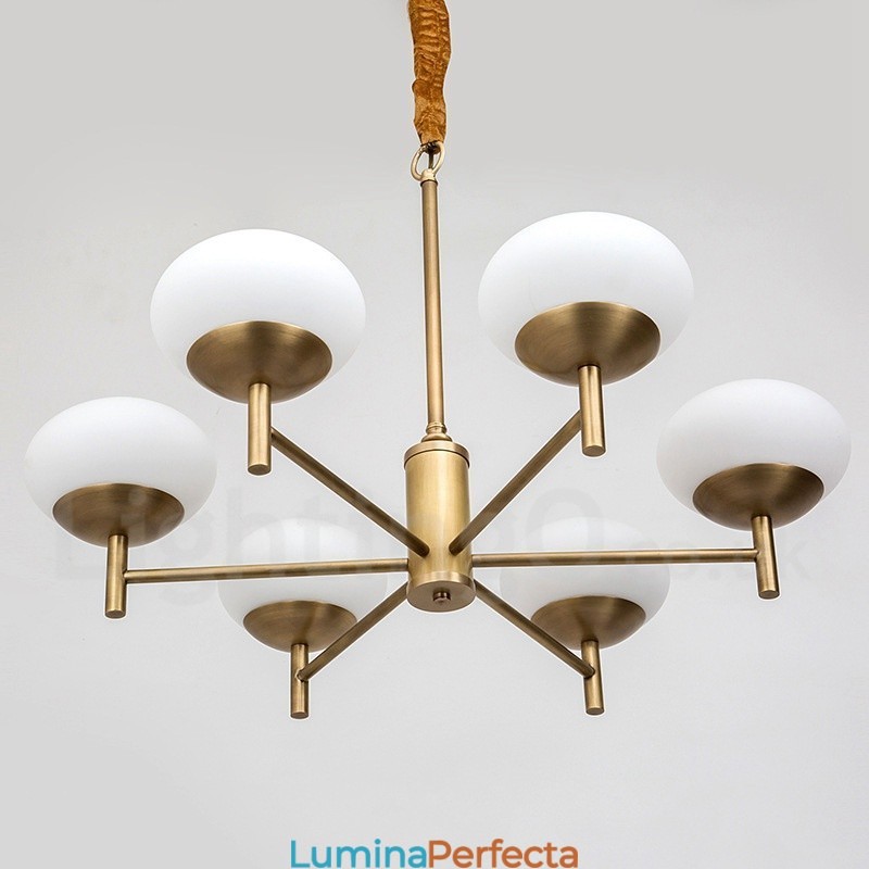 Candelabru cu pandantiv din alamă, retro, rustic, de lux, cu 6 lumini, cu abajur din sticlă