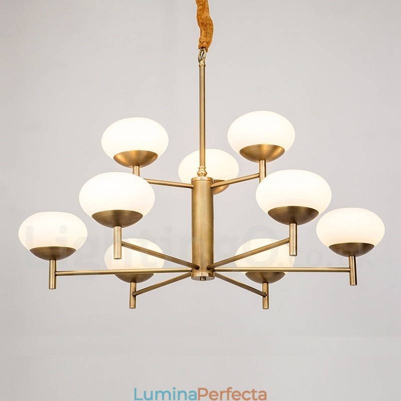Candelabru cu pandantiv din alamă, retro, rustic, de lux, cu 9 lumini, cu abajur din sticlă